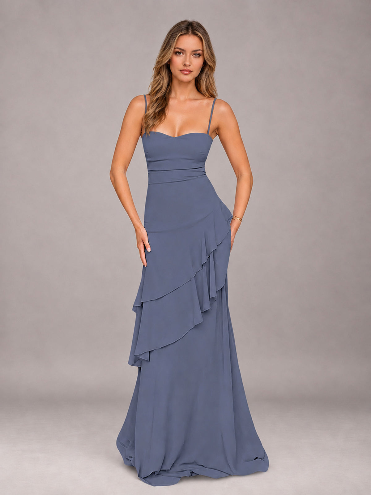 Stormy Blue A-Line Spaghetti Strap Chiffon Floor Length Bridesmaid Dress