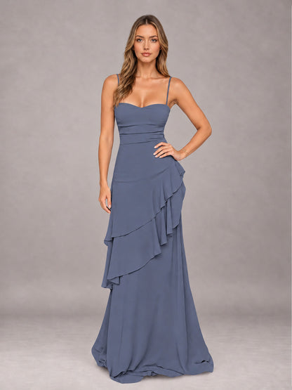 Stormy Blue A-Line Spaghetti Strap Chiffon Floor Length Bridesmaid Dress