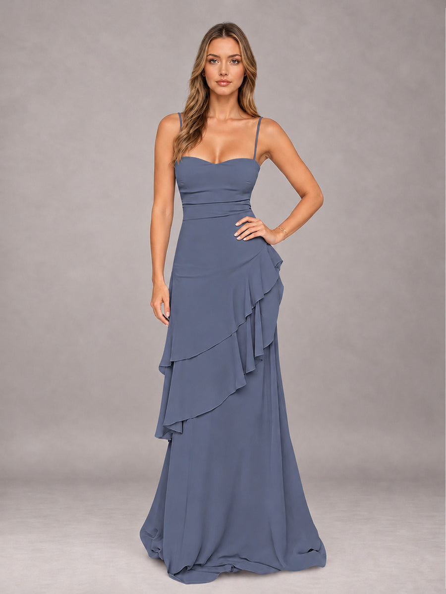Stormy Blue A-Line Spaghetti Strap Chiffon Floor Length Bridesmaid Dress