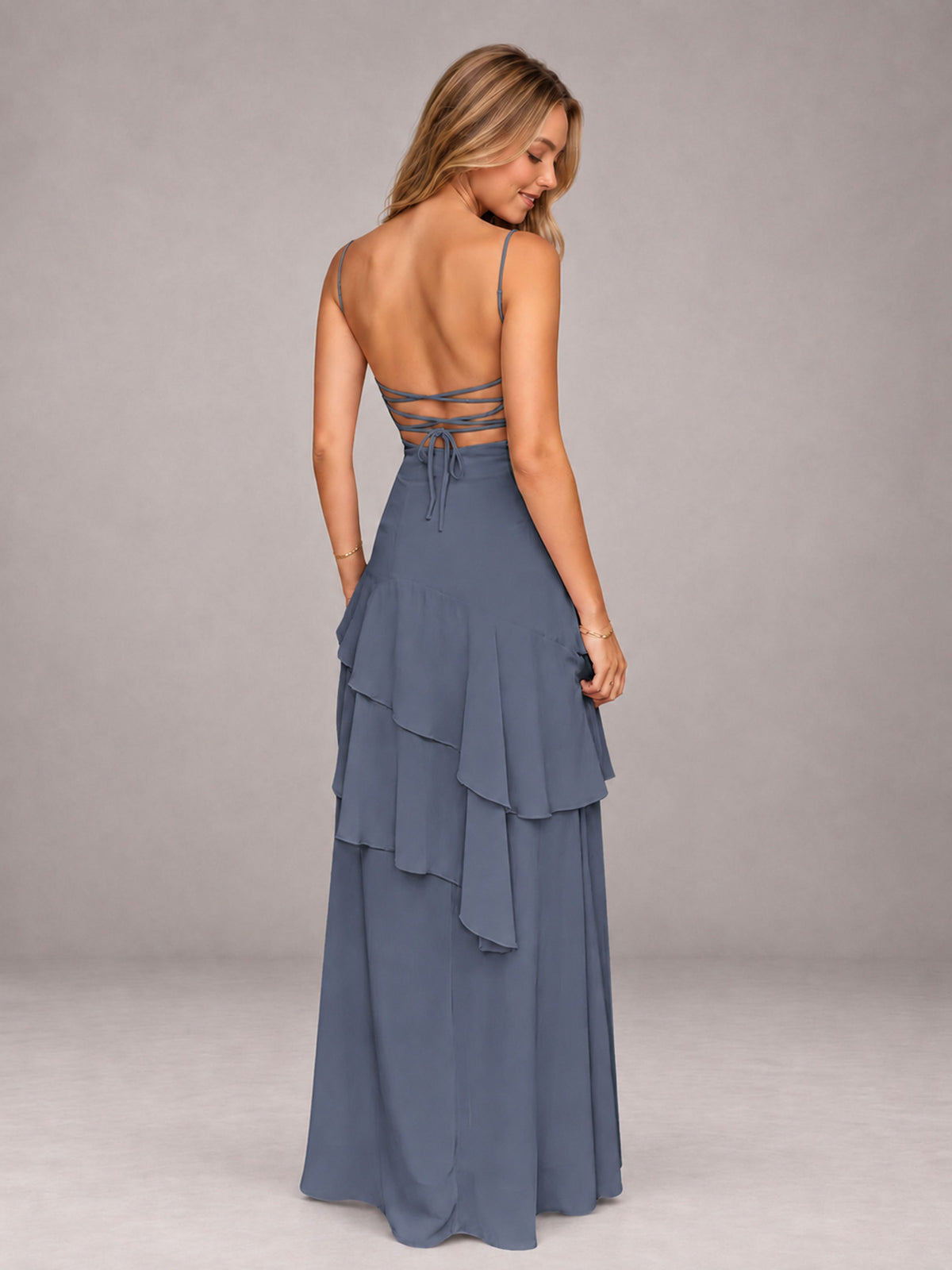 Stormy Blue A-Line Spaghetti Strap Chiffon Floor Length Bridesmaid Dress