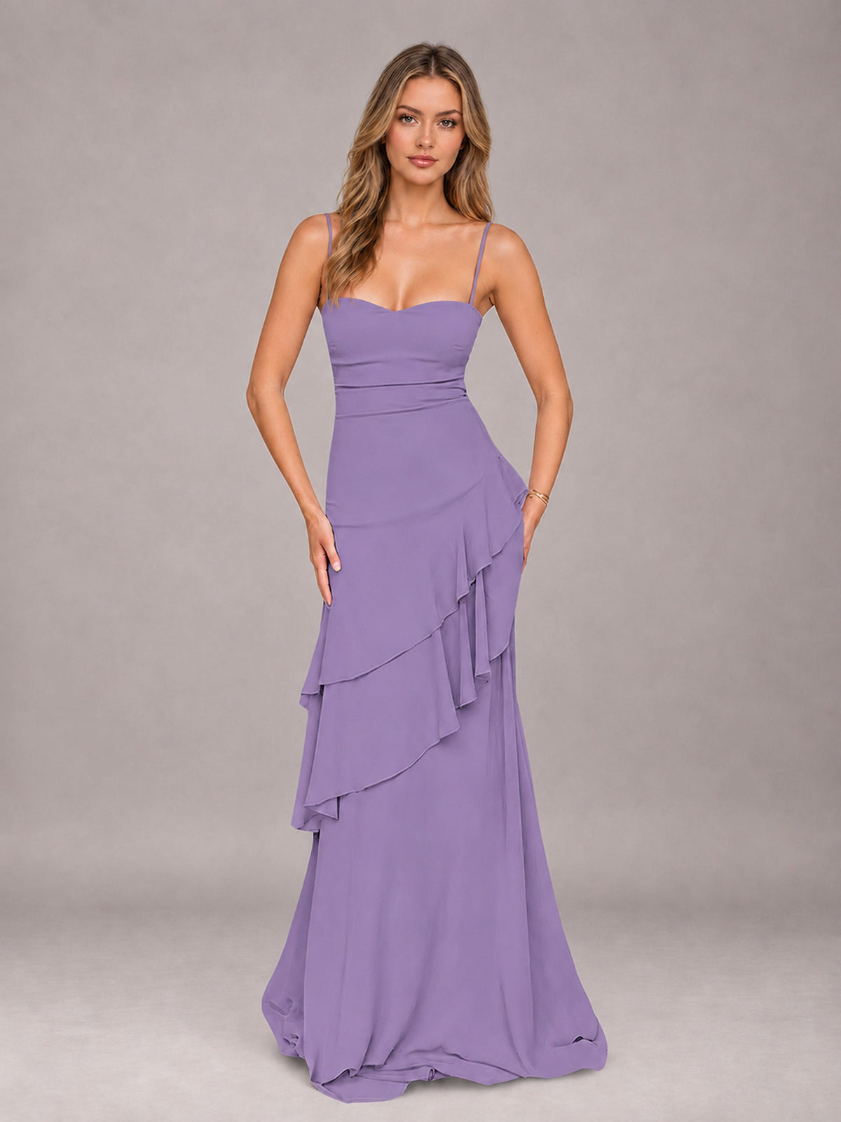 Tahiti A-Line Spaghetti Strap Chiffon Floor Length Bridesmaid Dress