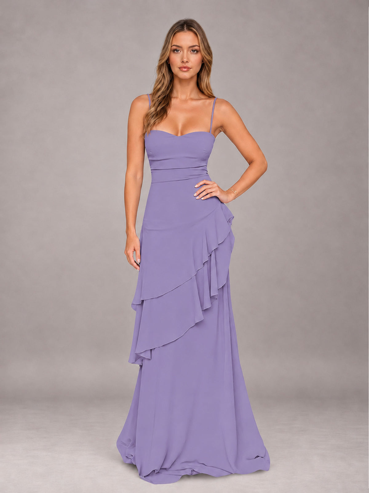 Tahiti A-Line Spaghetti Strap Chiffon Floor Length Bridesmaid Dress