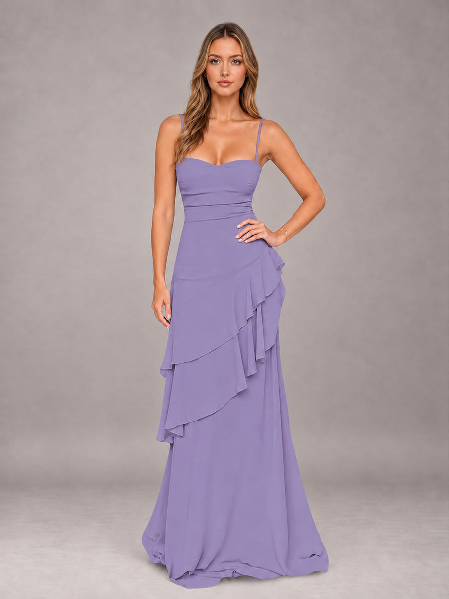 Tahiti A-Line Spaghetti Strap Chiffon Floor Length Bridesmaid Dress