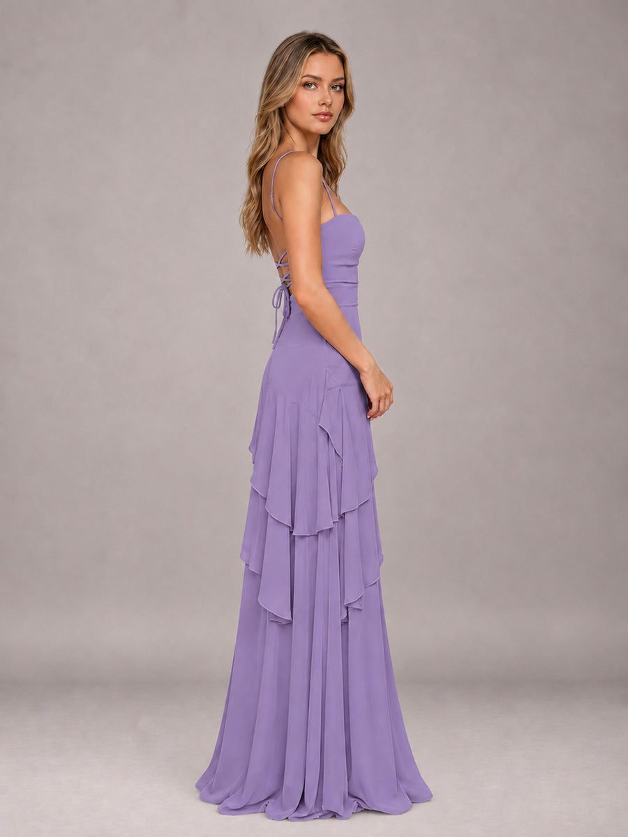 Tahiti A-Line Spaghetti Strap Chiffon Floor Length Bridesmaid Dress