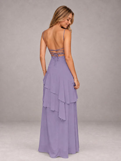 Tahiti A-Line Spaghetti Strap Chiffon Floor Length Bridesmaid Dress