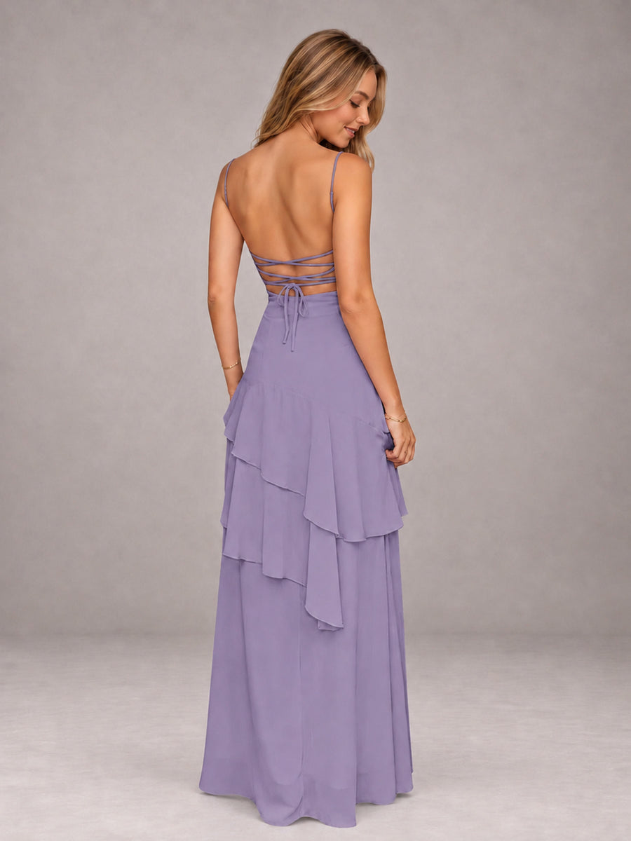Tahiti A-Line Spaghetti Strap Chiffon Floor Length Bridesmaid Dress