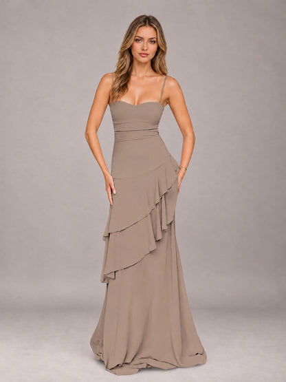 Taupe A-Line Spaghetti Strap Chiffon Floor Length Bridesmaid Dress