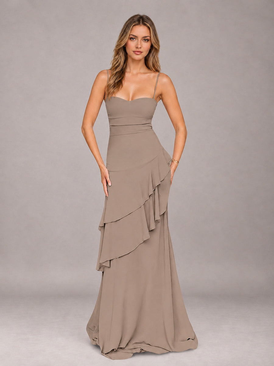 Taupe A-Line Spaghetti Strap Chiffon Floor Length Bridesmaid Dress