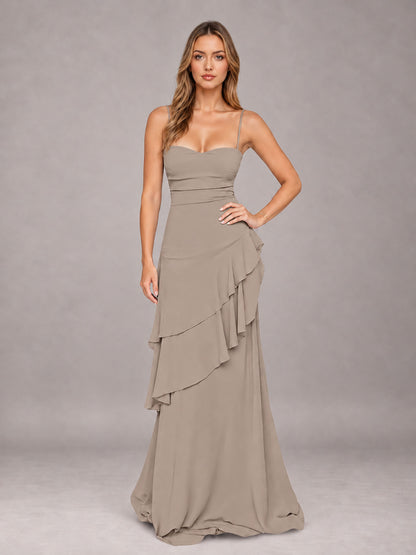 Taupe A-Line Spaghetti Strap Chiffon Floor Length Bridesmaid Dress