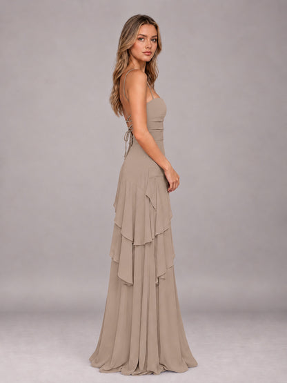 Taupe A-Line Spaghetti Strap Chiffon Floor Length Bridesmaid Dress