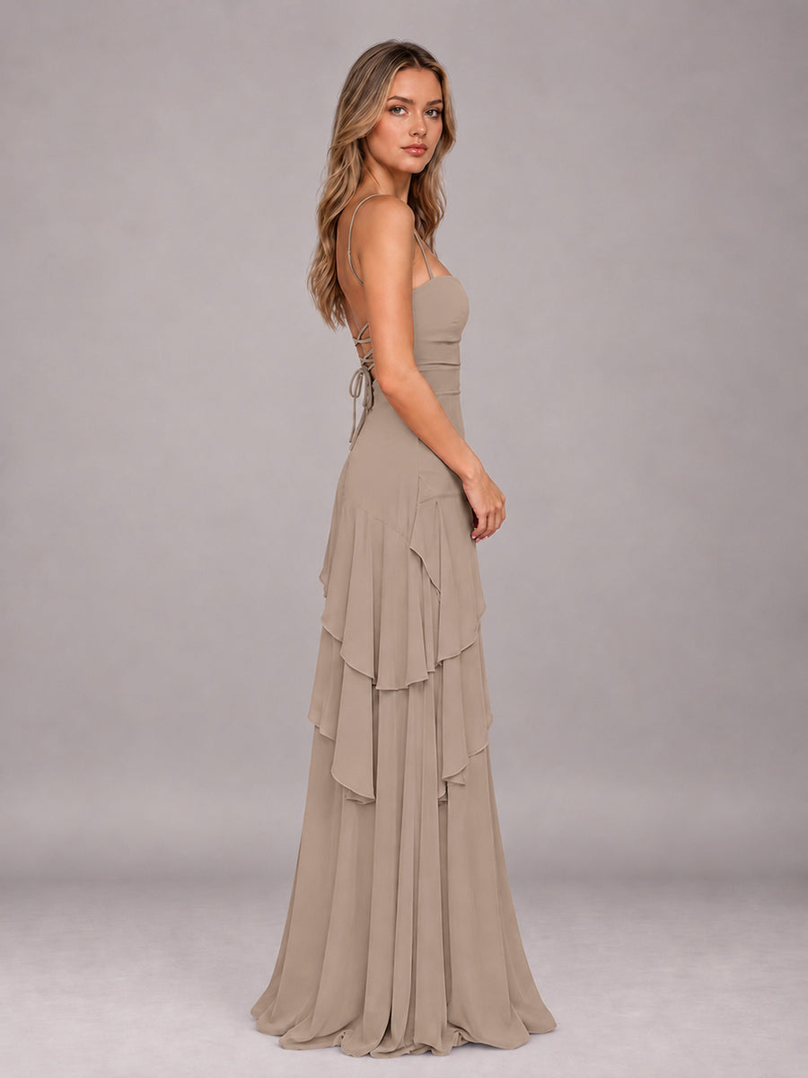 Taupe A-Line Spaghetti Strap Chiffon Floor Length Bridesmaid Dress