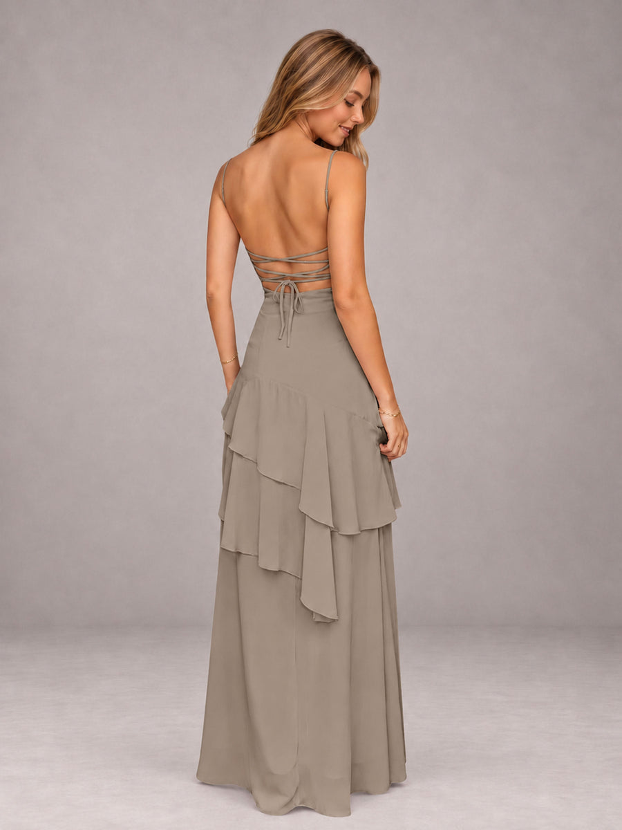 Taupe A-Line Spaghetti Strap Chiffon Floor Length Bridesmaid Dress