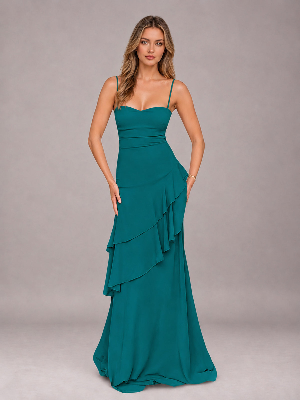 Teal A-Line Spaghetti Strap Chiffon Floor Length Bridesmaid Dress