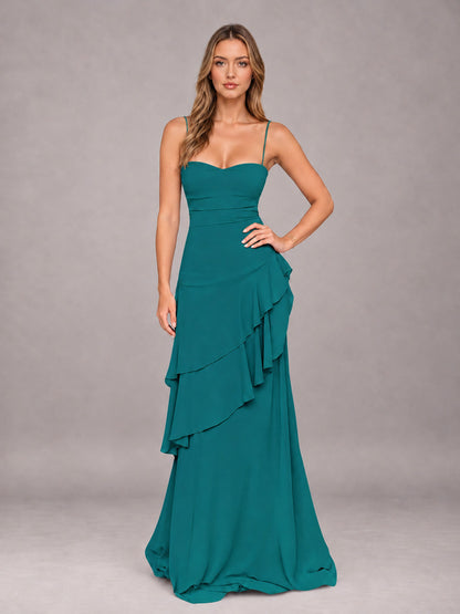 Teal A-Line Spaghetti Strap Chiffon Floor Length Bridesmaid Dress