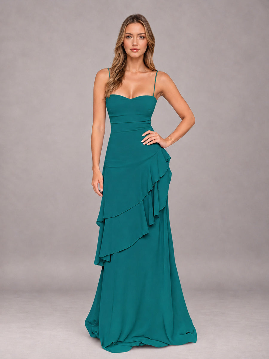 Teal A-Line Spaghetti Strap Chiffon Floor Length Bridesmaid Dress