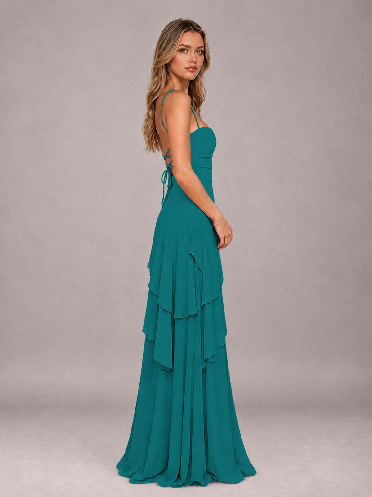 Teal A-Line Spaghetti Strap Chiffon Floor Length Bridesmaid Dress