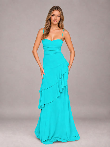 Turquoise A-Line Spaghetti Strap Chiffon Floor Length Bridesmaid Dress