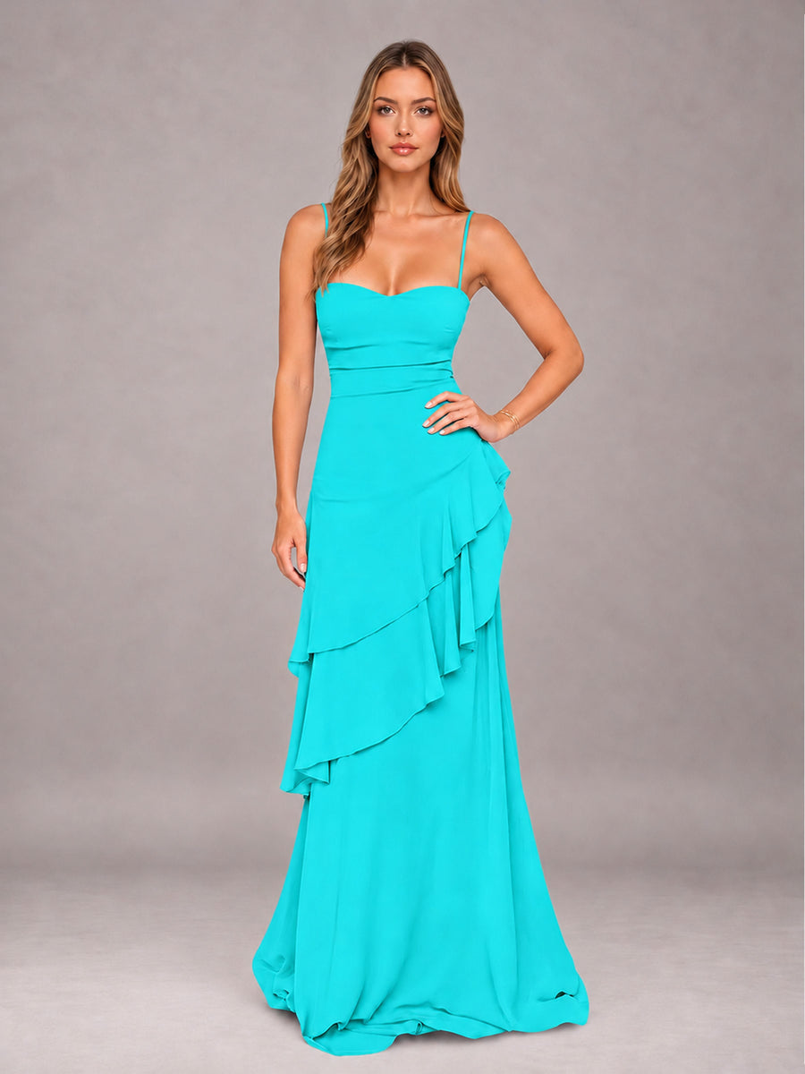 Turquoise A-Line Spaghetti Strap Chiffon Floor Length Bridesmaid Dress