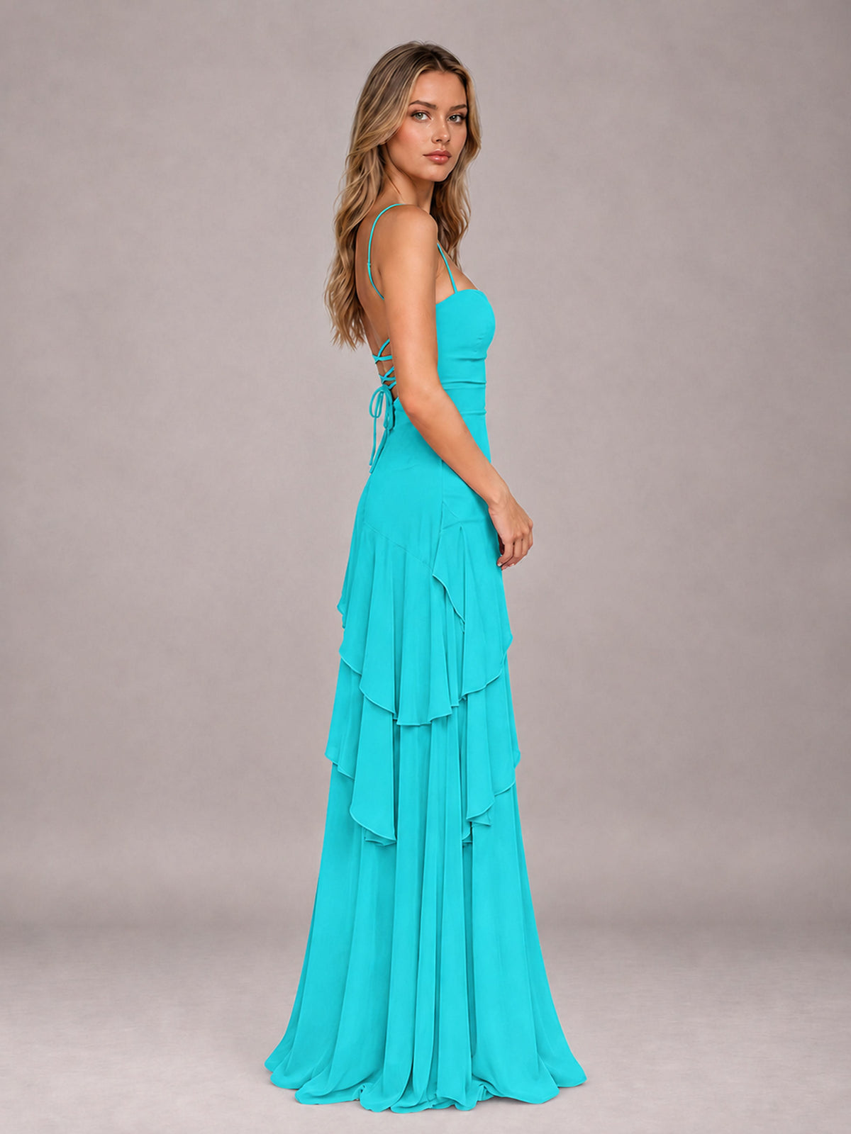 Turquoise A-Line Spaghetti Strap Chiffon Floor Length Bridesmaid Dress