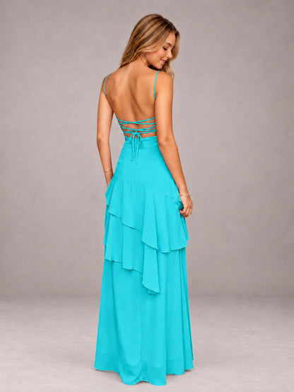 Turquoise A-Line Spaghetti Strap Chiffon Floor Length Bridesmaid Dress