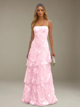 Free Shipping A-Line Spaghetti Strap Floral Prom Dress Ruffles Floor Length