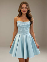 Free Shipping A-Line Spaghetti Strap Sequined Homecoming Dress with Corset Bodice & Lace-Up Back