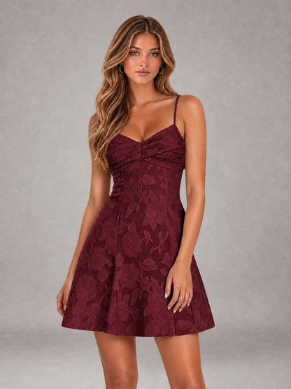 Burgundy A-Line Spaghetti Straps Floral Lace Short Homecoming Dress
