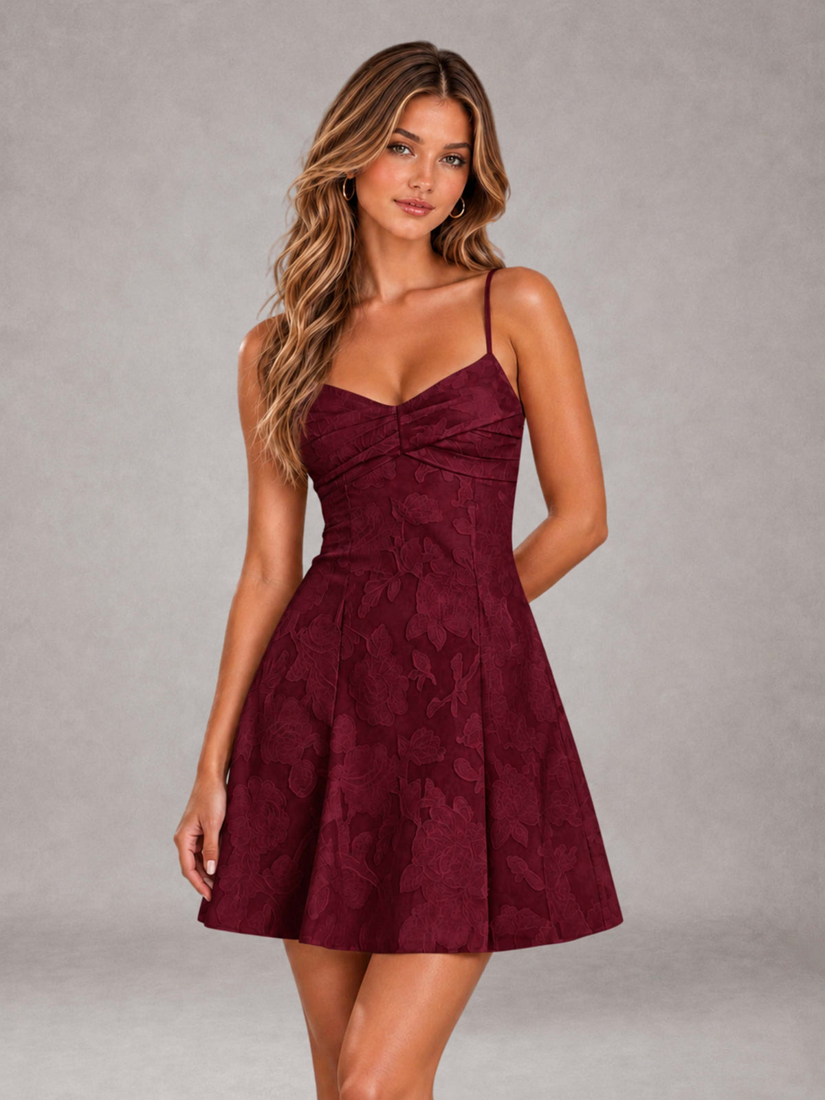 Burgundy A-Line Spaghetti Straps Floral Lace Short Homecoming Dress