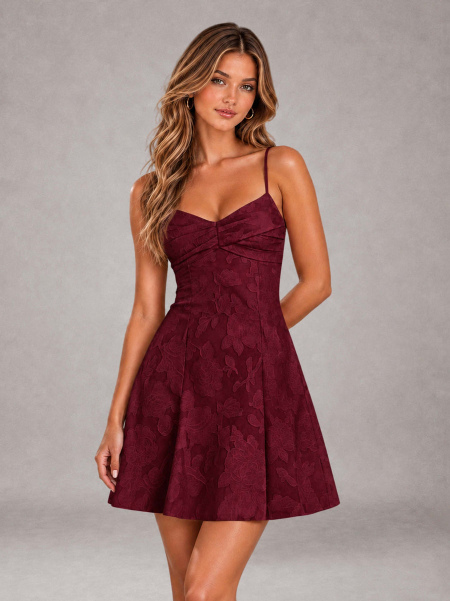 Burgundy A-Line Spaghetti Straps Floral Lace Short Homecoming Dress