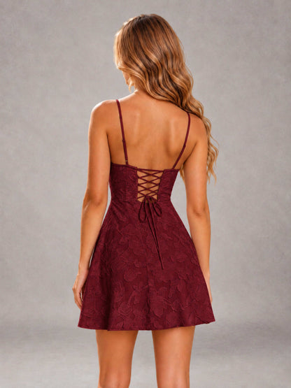 Burgundy A-Line Spaghetti Straps Floral Lace Short Homecoming Dress