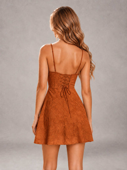 Burnt Orange A-Line Spaghetti Straps Floral Lace Short Homecoming Dress