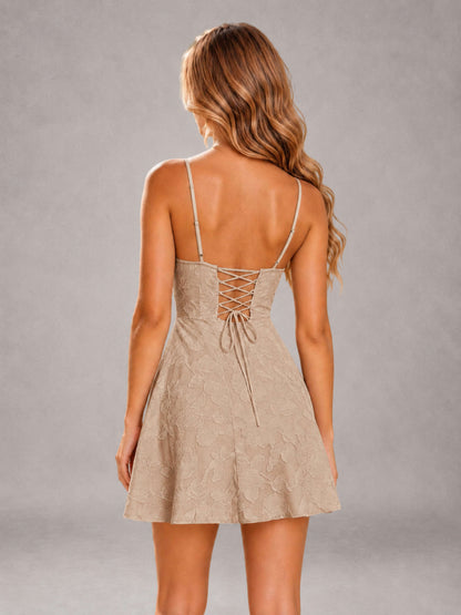 Champagne A-Line Spaghetti Straps Floral Lace Short Homecoming Dress