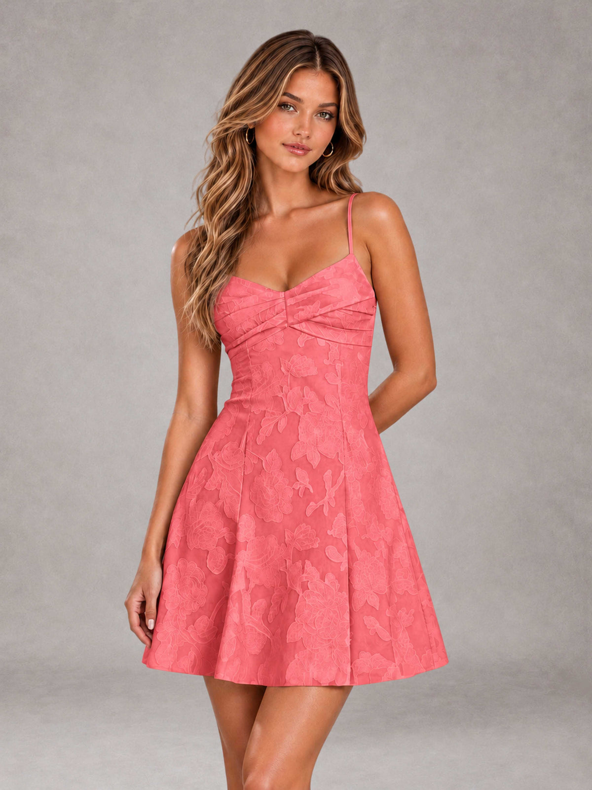 Coral A-Line Spaghetti Straps Floral Lace Short Homecoming Dress