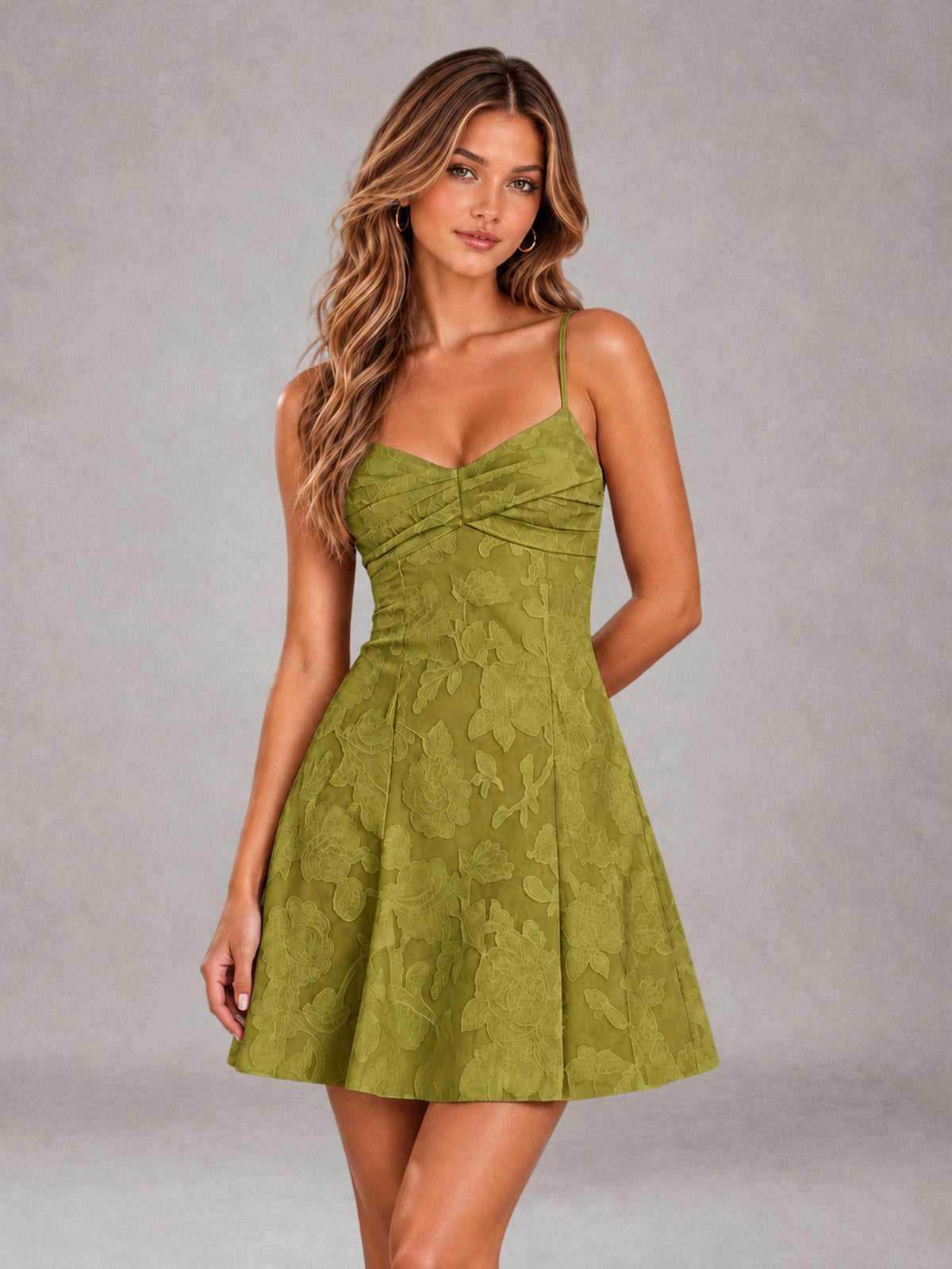 Olive Green A-Line Spaghetti Straps Floral Lace Short Homecoming Dress