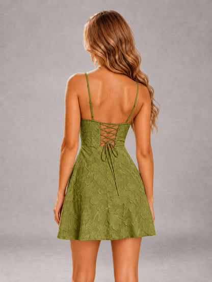 Olive Green A-Line Spaghetti Straps Floral Lace Short Homecoming Dress