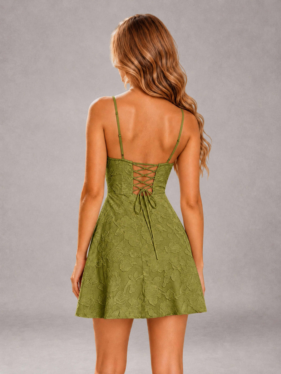 Olive Green A-Line Spaghetti Straps Floral Lace Short Homecoming Dress