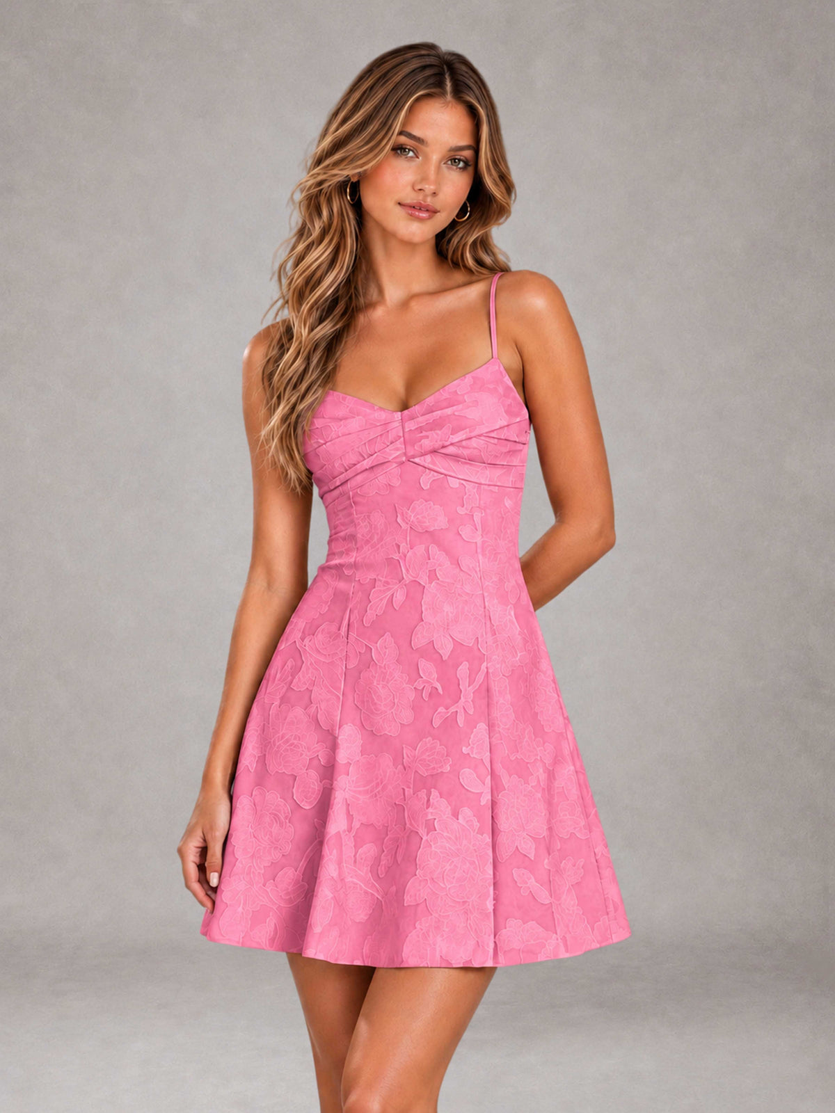 Pink A-Line Spaghetti Straps Floral Lace Short Homecoming Dress