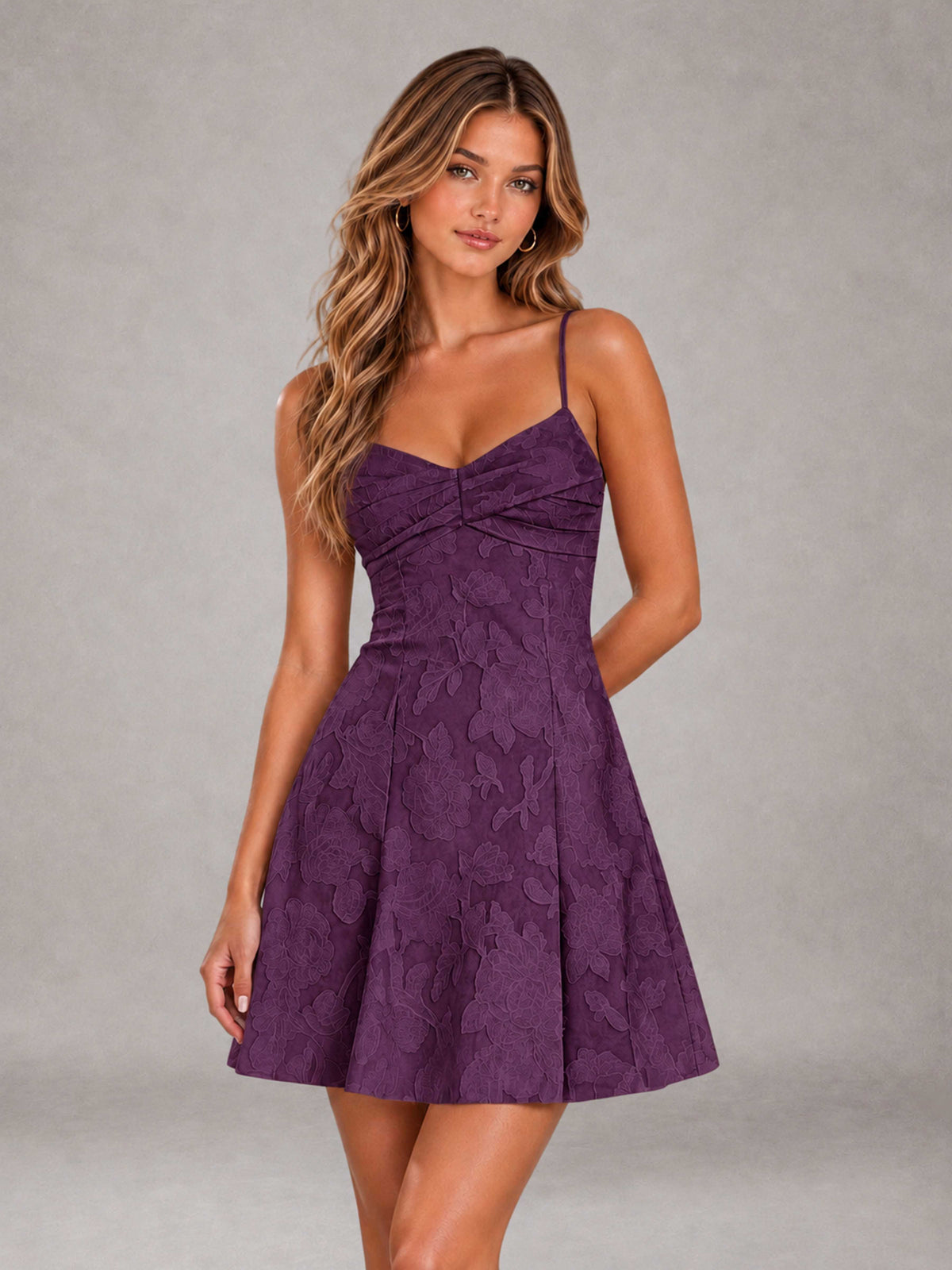 Plum A-Line Spaghetti Straps Floral Lace Short Homecoming Dress
