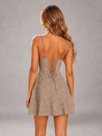 Taupe A-Line Spaghetti Straps Floral Lace Short Homecoming Dress