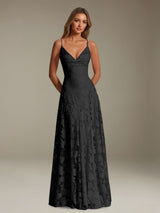 Free Shipping A-Line Spaghetti Straps V-Neck Sleeveless Floral Lace Bridesmaid Dress Floor Length