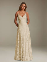 Free Shipping A-Line Spaghetti Straps V-Neck Sleeveless Floral Lace Bridesmaid Dress Floor Length