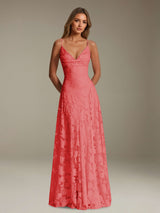 Free Shipping A-Line Spaghetti Straps V-Neck Sleeveless Floral Lace Bridesmaid Dress Floor Length