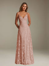 Free Shipping A-Line Spaghetti Straps V-Neck Sleeveless Floral Lace Bridesmaid Dress Floor Length