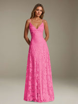Free Shipping A-Line Spaghetti Straps V-Neck Sleeveless Floral Lace Bridesmaid Dress Floor Length