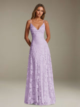 Free Shipping A-Line Spaghetti Straps V-Neck Sleeveless Floral Lace Bridesmaid Dress Floor Length