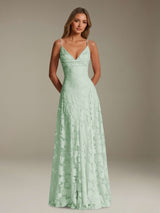 Free Shipping A-Line Spaghetti Straps V-Neck Sleeveless Floral Lace Bridesmaid Dress Floor Length