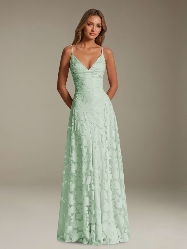 Mint Green Free Shipping A-Line Spaghetti Straps V-Neck Sleeveless Floral Lace Bridesmaid Dress Floor Length