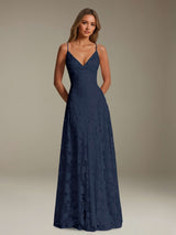 Free Shipping A-Line Spaghetti Straps V-Neck Sleeveless Floral Lace Bridesmaid Dress Floor Length