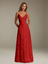 Free Shipping A-Line Spaghetti Straps V-Neck Sleeveless Floral Lace Bridesmaid Dress Floor Length