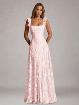 Free Shipping A-Line Square Neck Flutter Straps Sleeveless Floral Lace Bridesmaid Dress with Ruffles